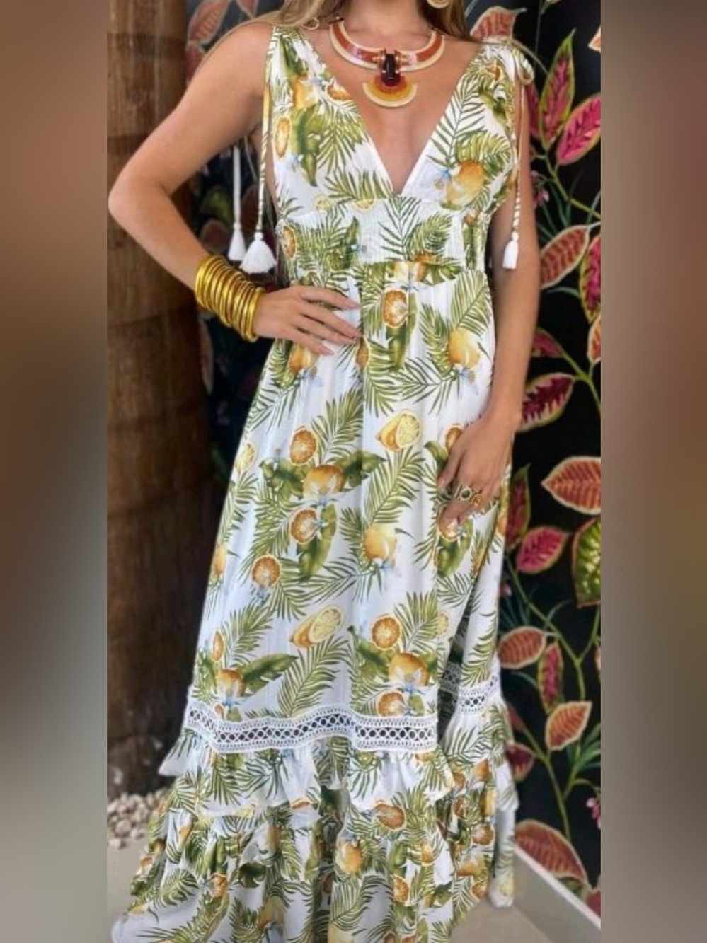 L'ATISTE Boho Tropical Lemon Print Maxi Dress Smock Tassel 3X Beach Vaca Resort